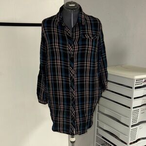 Bobby Brooks Black and Teal Plaid Tunic Flannel Shirt